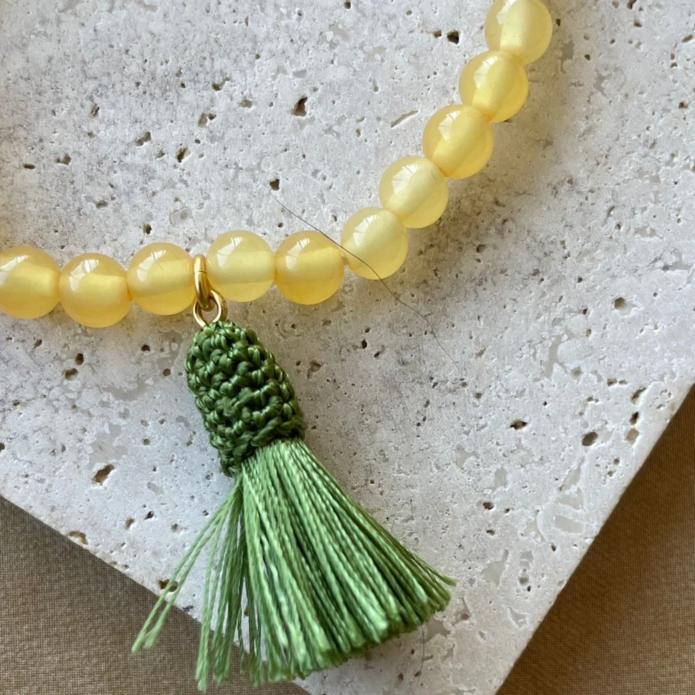 Tory Burch Beaded Charm Bracelet Yellow Green Tassel Stretch Bracelet